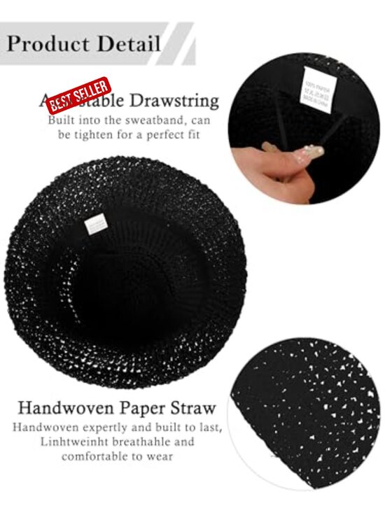Handmade Crochet Straw Bucket Hat UPF 50+ Sun Protection Foldable Travel Cap main image 6
